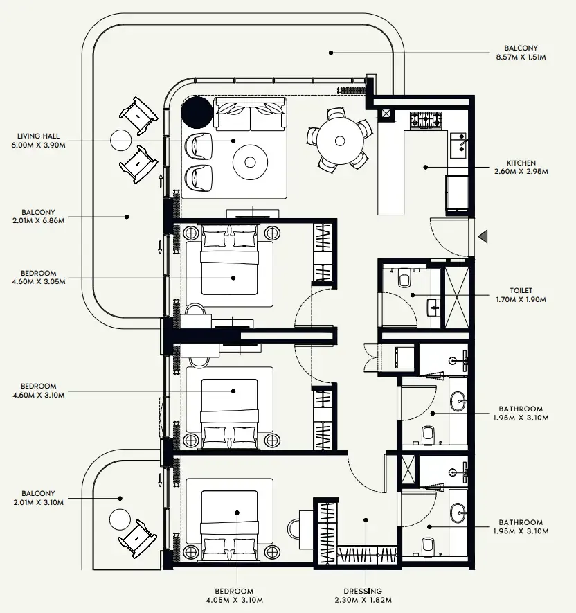 Azizi Venice 3 bed floor plan, 1,644 sqft