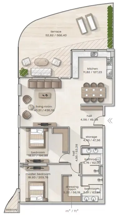 Zephyra Residences 2 bed floor plan, 1,986 sqft