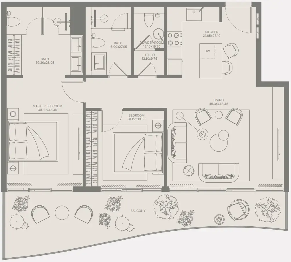 Bond Enclave 2 bed floor plan, 1,106 – 1,317 sqft