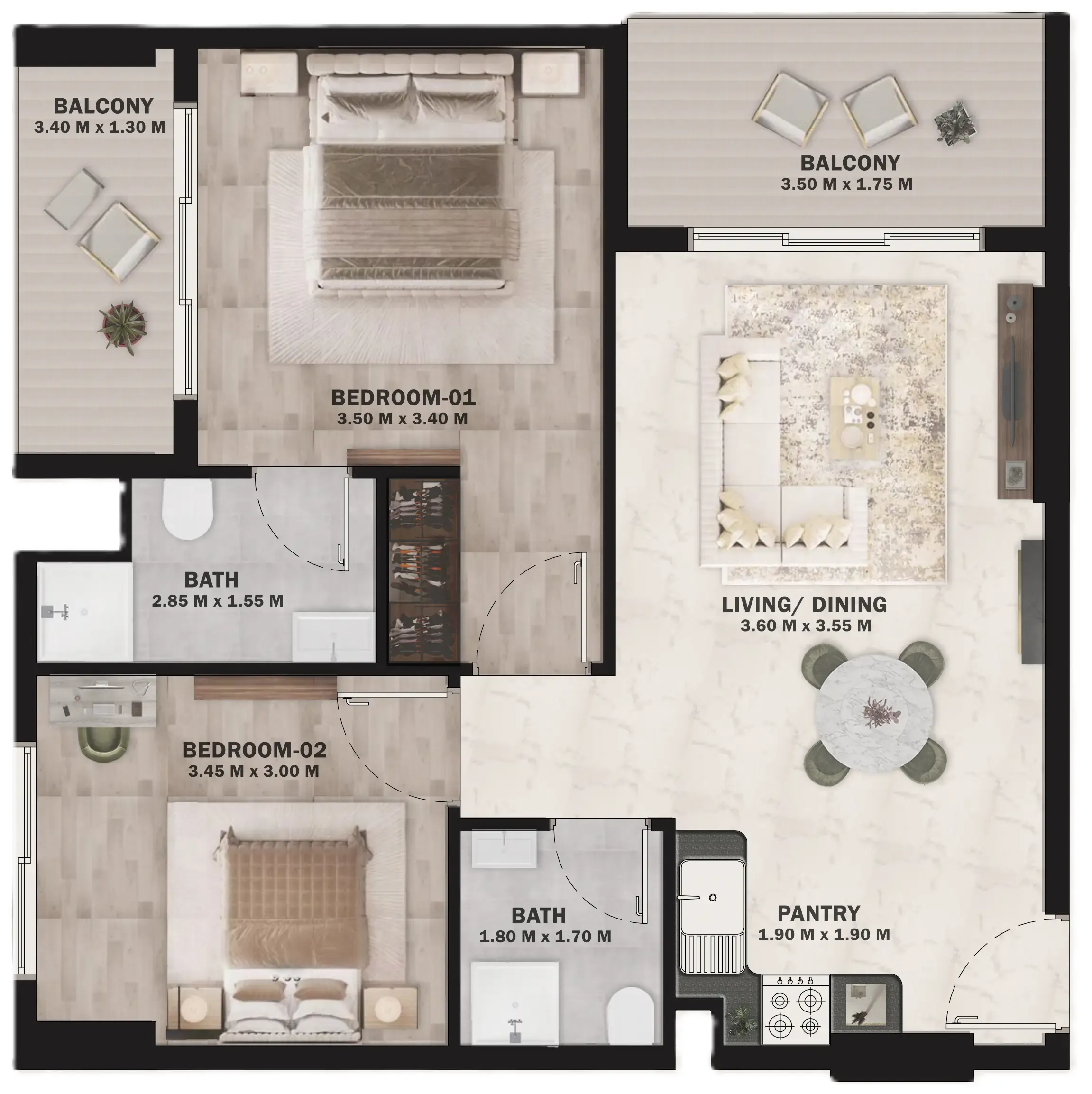 VOI Residence 2 bed floor plan, 794 – 795 sqft