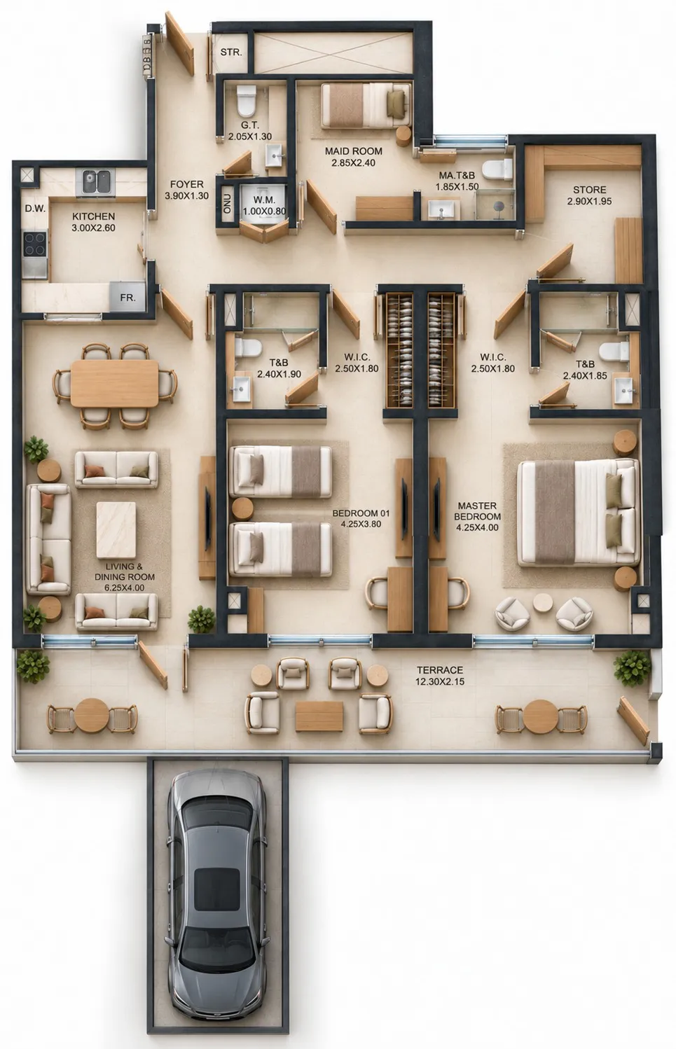Reeman Residence 02 2 bed floor plan, 1,628 sqft
