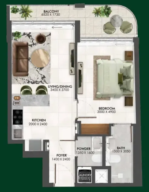 Enchante 1 bed floor plan, 664 sqft