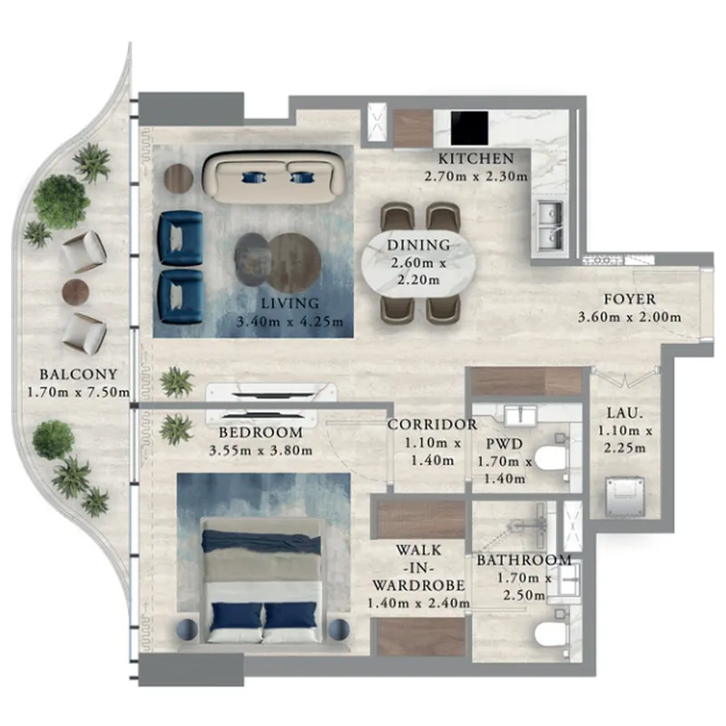 Royal Yacht Club Residence 1 bed floor plan, 820 sqft