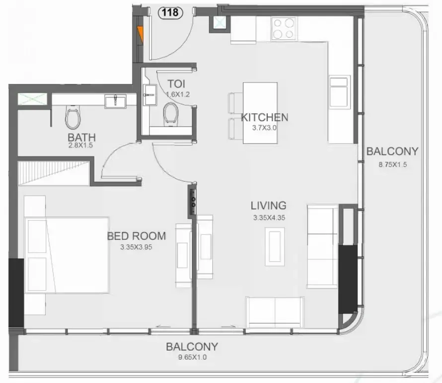 Floarea Oasis 1 bed floor plan, 829 sqft