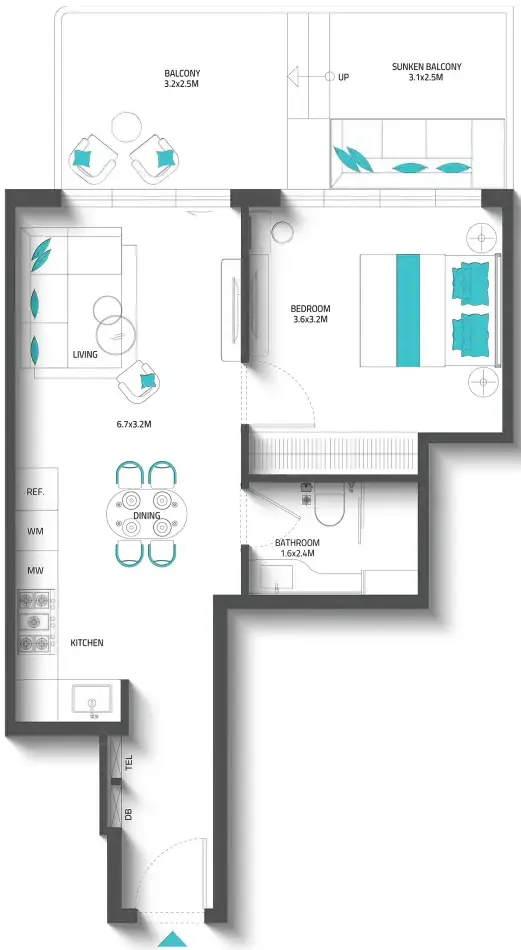 Reef 996 1 bed floor plan, 691 – 699 sqft