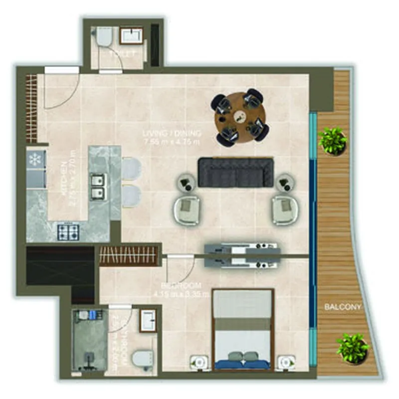 Nova Tower 1 bed floor plan, 881 sqft