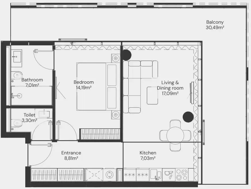 John Richmond District 1 bed floor plan, 946 sqft