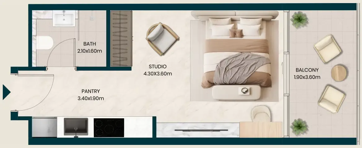 Kyomi Residences Studio floor plan, 385 sqft