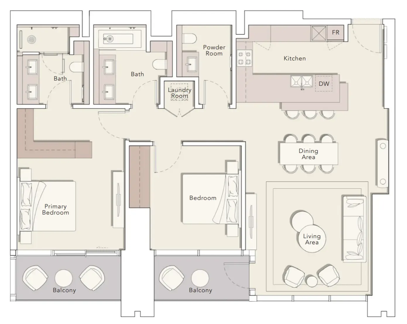 One River Point 2 bed floor plan, 1,480 sqft