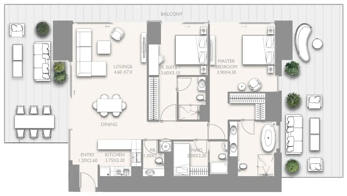 Fairmont Residences Solara Tower 2 bed floor plan, 2,260 sqft