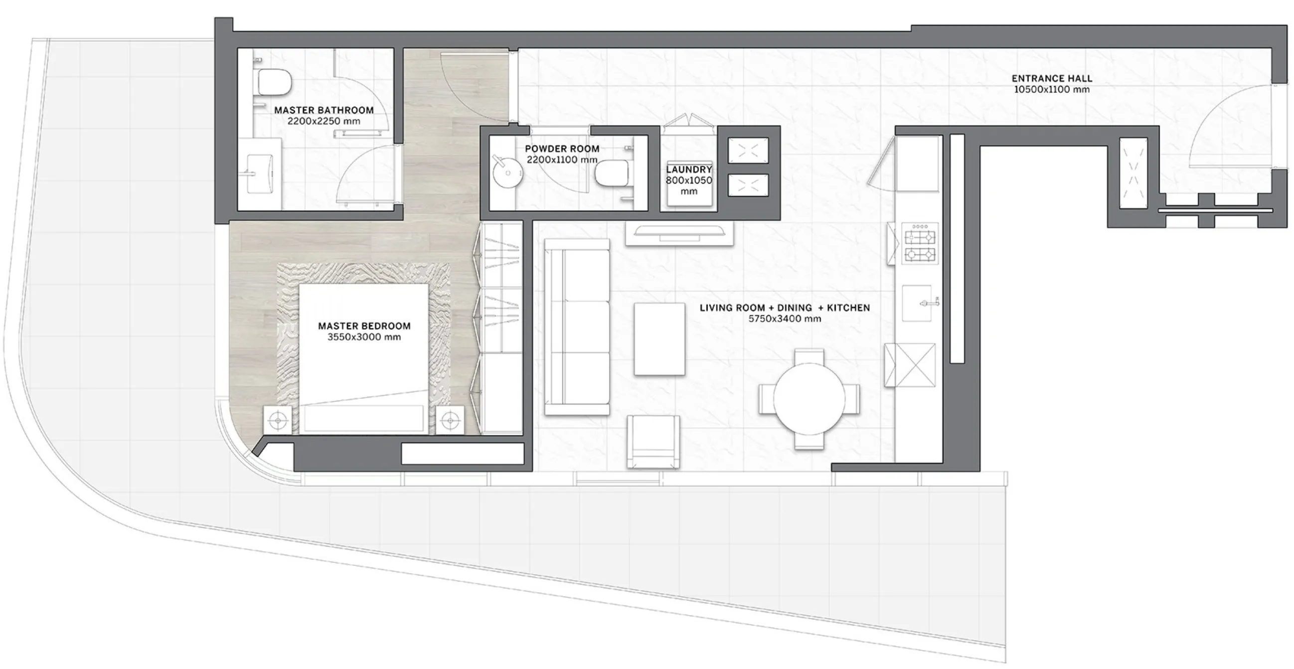 DG1 Living 1 bed floor plan, 1,118 sqft