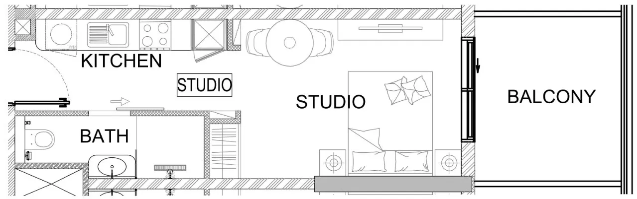 Valencia Studio floor plan, 402 sqft