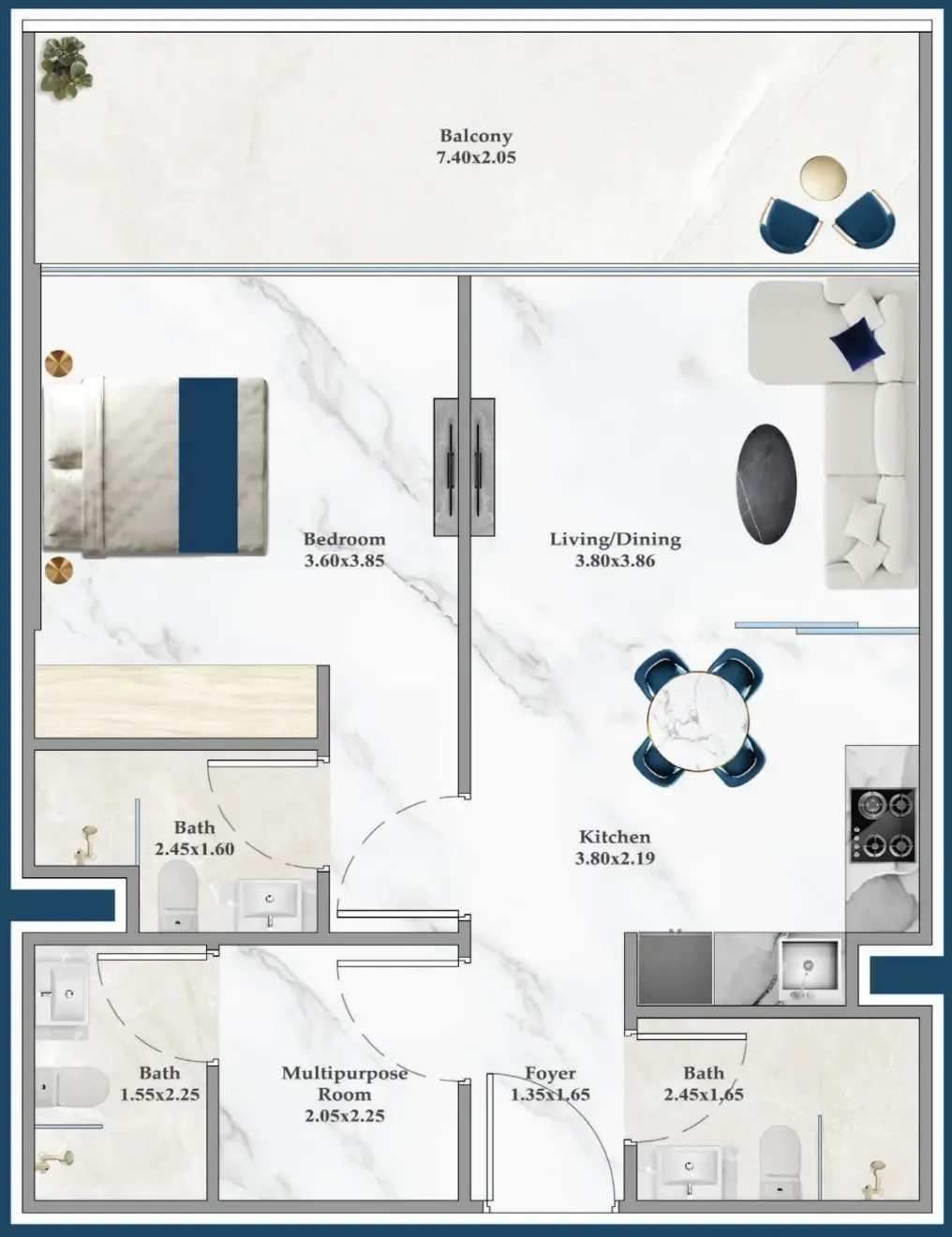 Serenz 1 bed floor plan, 765 sqft