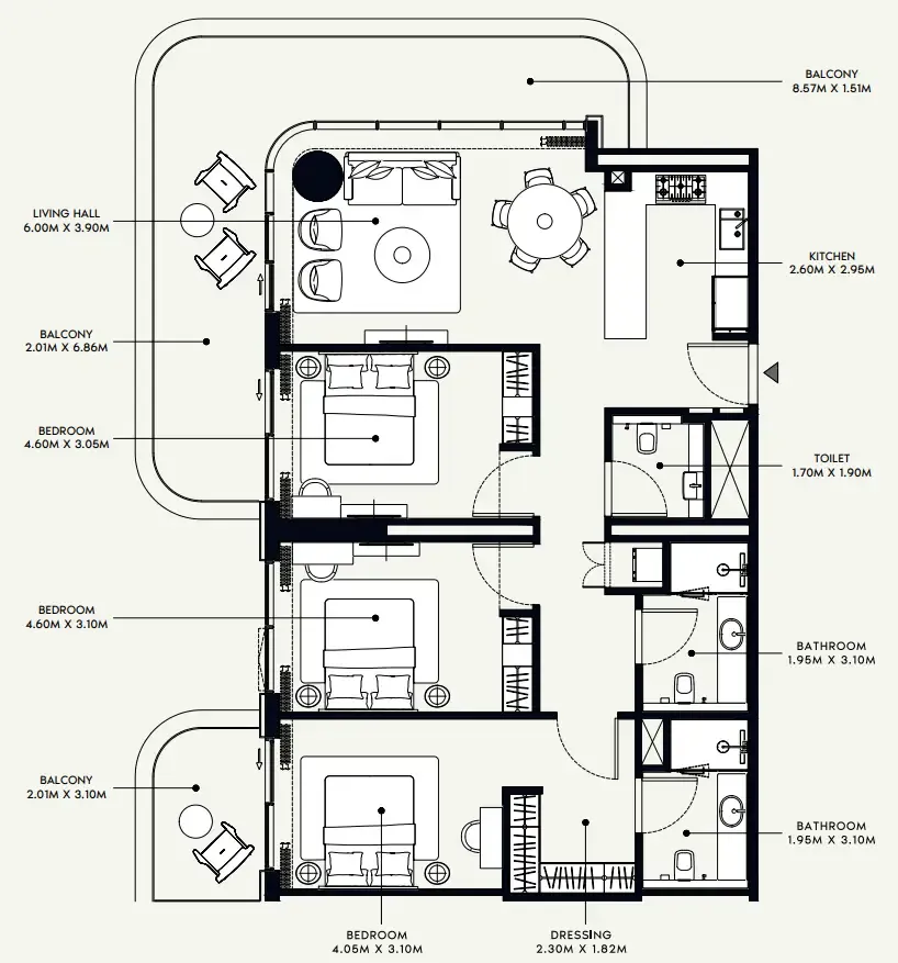 Azizi Venice 3 bed floor plan, 1,643 sqft