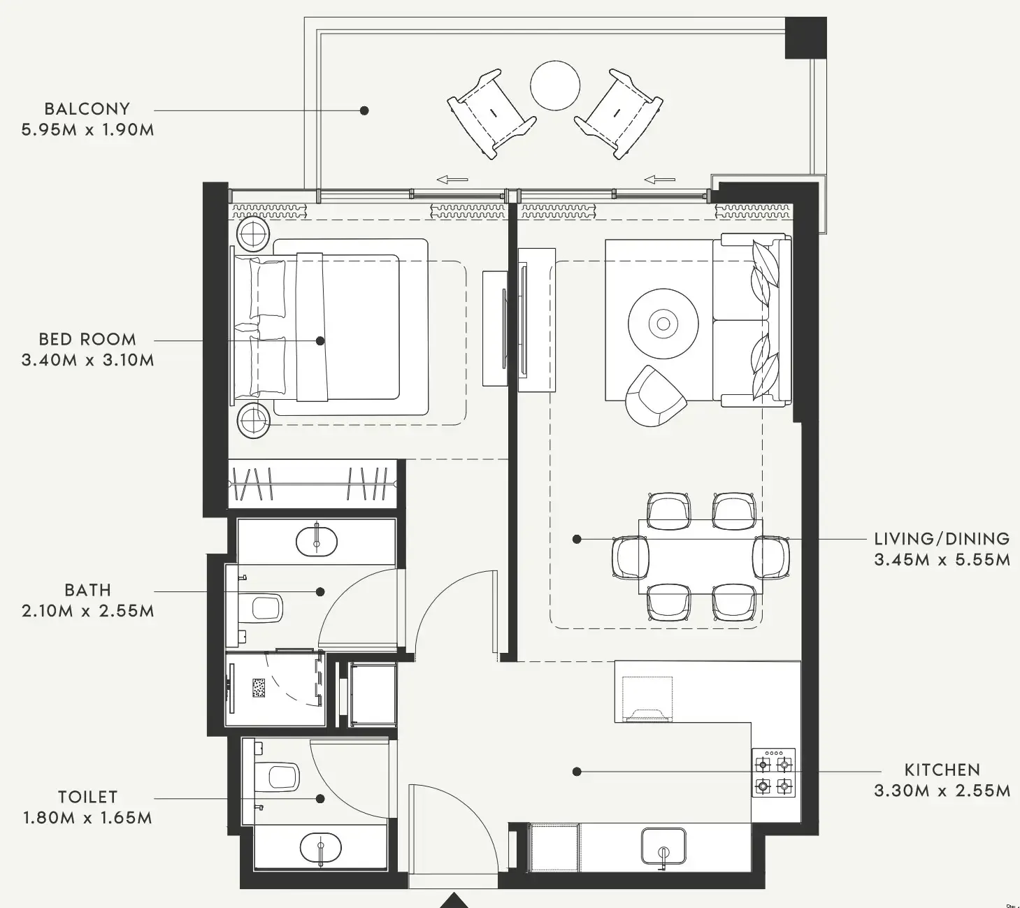 Riviera 58 1 bed floor plan, 760 sqft