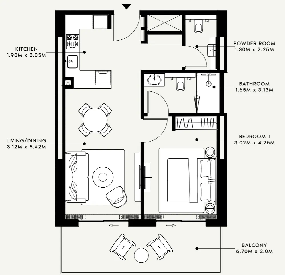 Azizi Venice 1 bed floor plan, 760 sqft