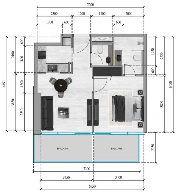 SkyGate Tower 1 bed floor plan, 650 sqft