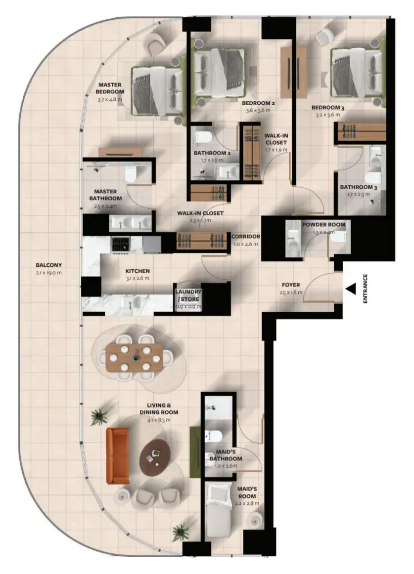 Waada Dubai South 3 bed floor plan, 2,161 sqft