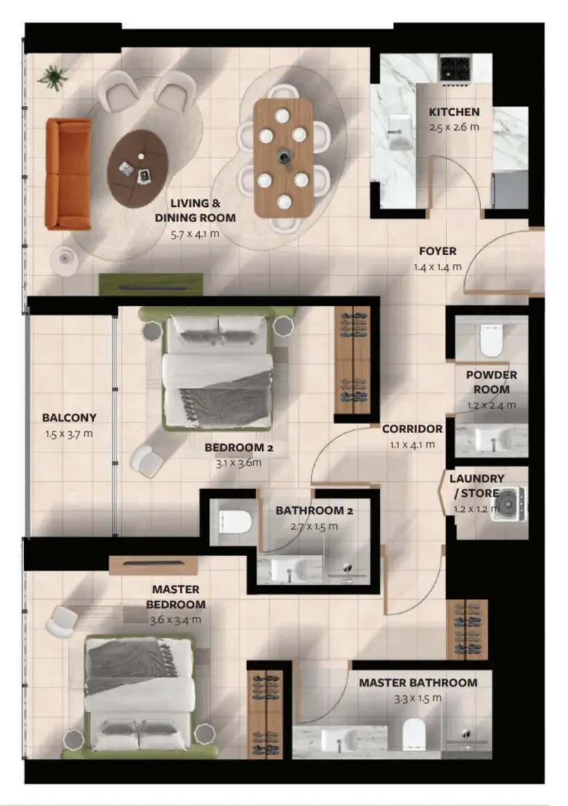 Waada Dubai South 2 bed floor plan, 1,093 sqft