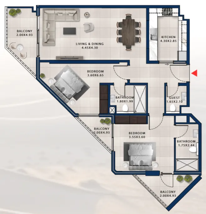 Asayel Avenue 2 bed floor plan, 1,335 sqft