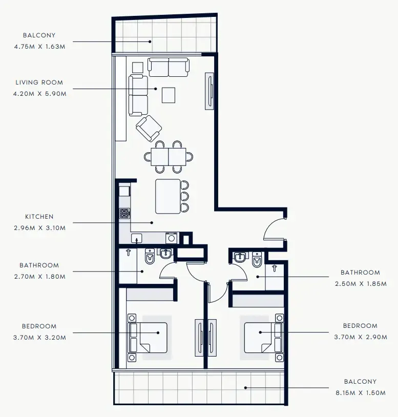 Riviera Rêve 2 bed floor plan, 1,222 – 1,259 sqft