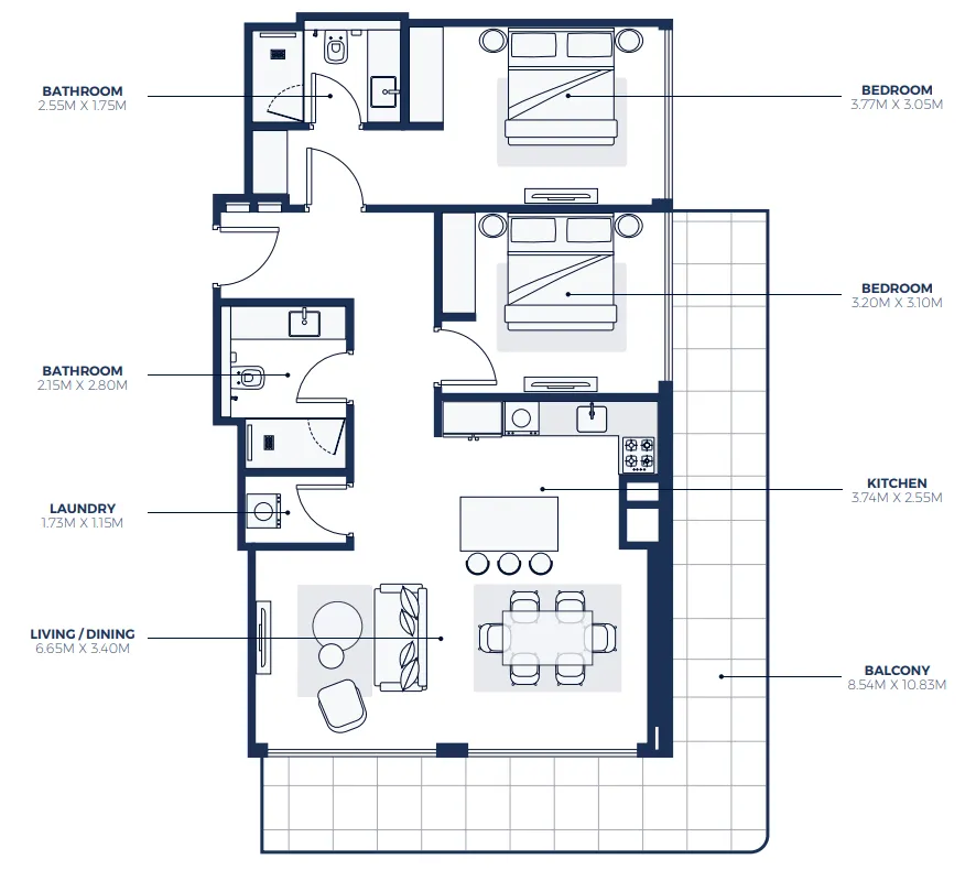 Creek Views 3 2 bed floor plan, 1,314 sqft