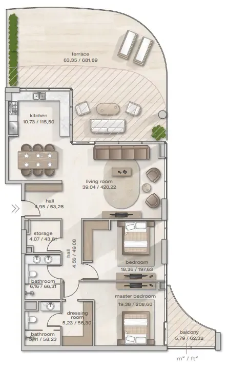Zephyra Residences 2 bed floor plan, 2,136 sqft