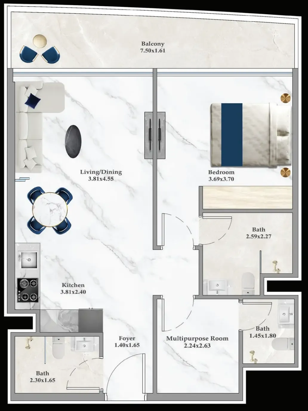 Aspirz 1 bed floor plan, 790 sqft