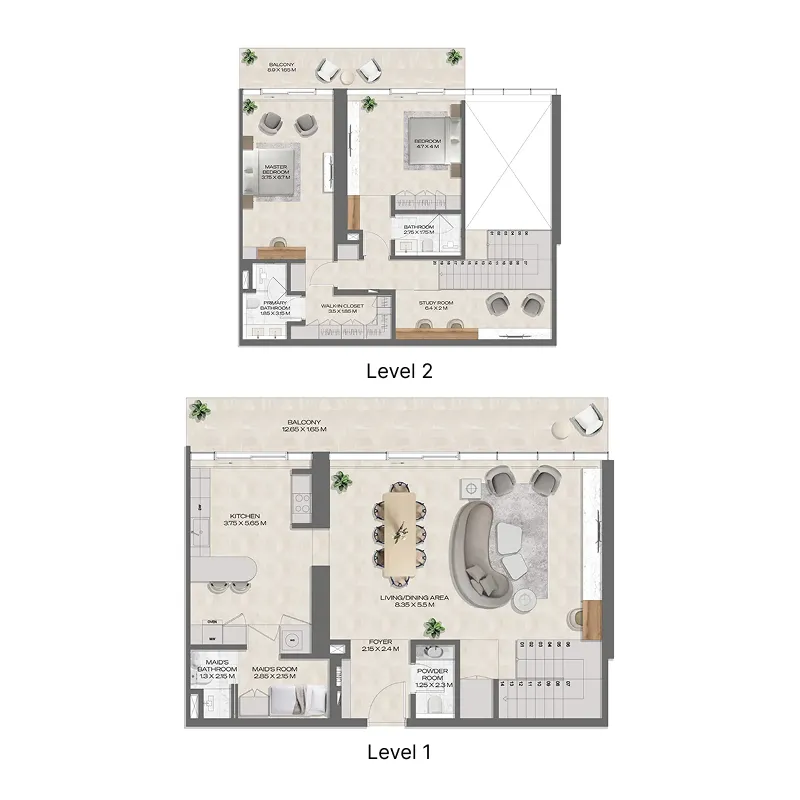 DWTN Residences 2 bed floor plan, 2,448 – 2,718 sqft