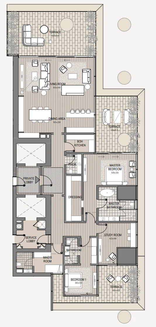 Vela Viento 2 bed floor plan, 3,887 sqft