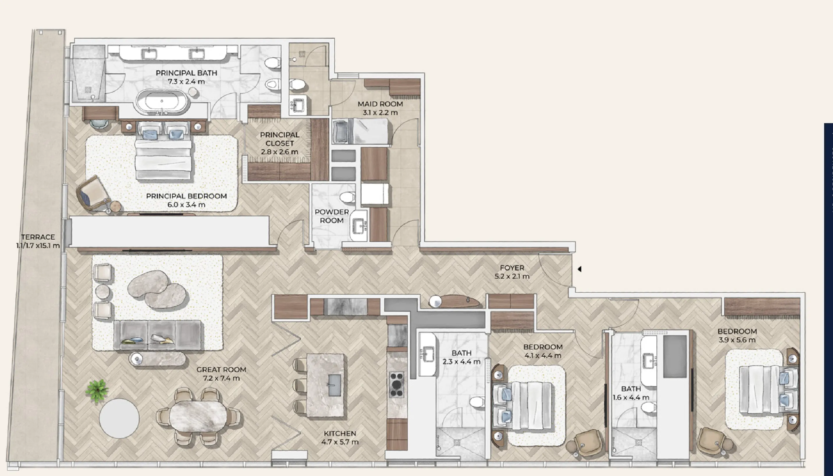 Mr. C Residences Downtown 3 bed floor plan, 3,202 sqft