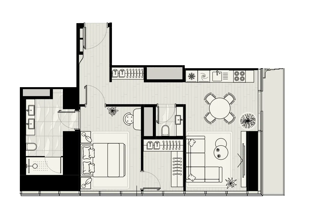 Iconic Tower 1 bed floor plan, 871 sqft
