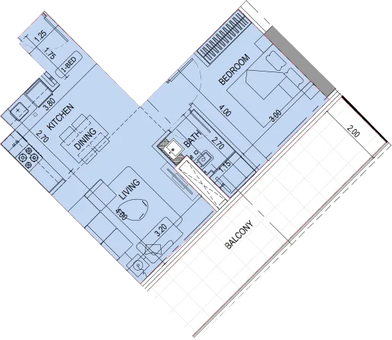 Binghatti Sky Terraces 1 bed floor plan, 713 sqft