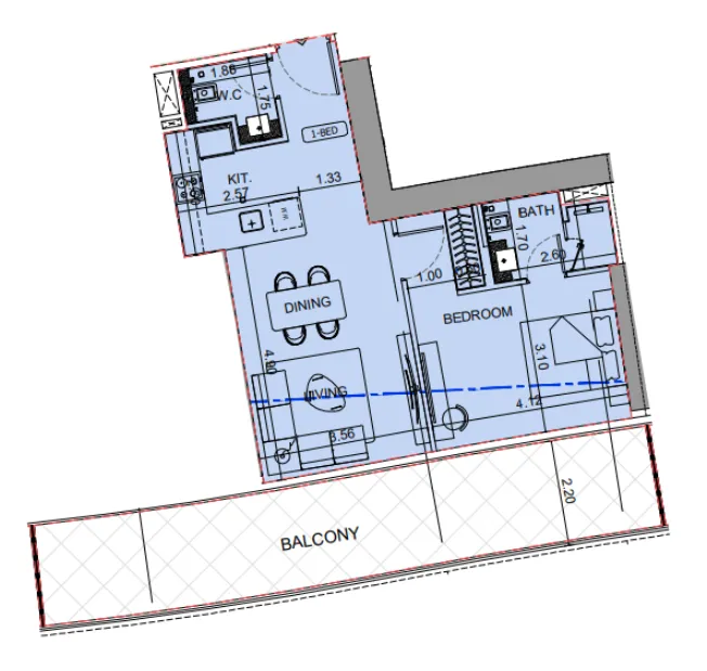 Binghatti Aquarise 1 bed floor plan, 958 sqft