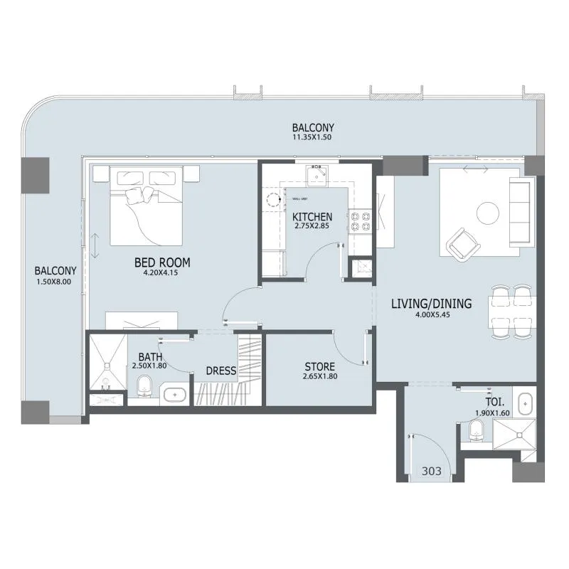 Al Ghaf 2 1 bed floor plan, 1,139 sqft