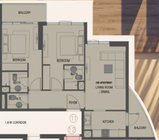 Red Square 2 bed floor plan, 915 sqft