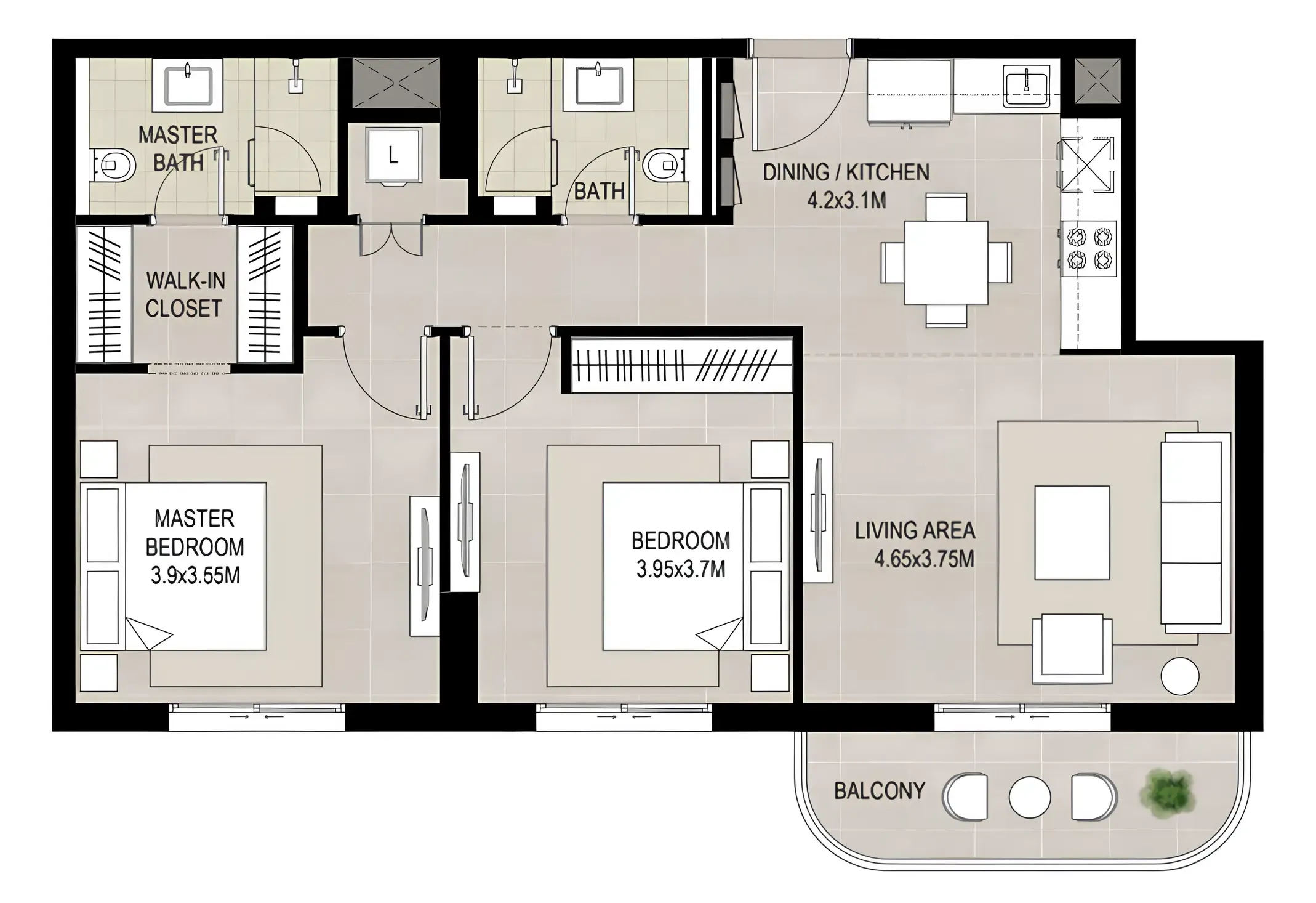 Savannah 2 bed floor plan, 999 sqft