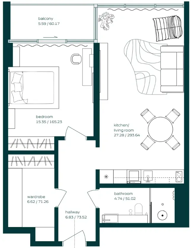 Vibe 1 bed floor plan, 807 sqft