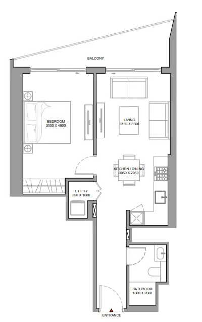 The Serene at Sobha Central 1 bed floor plan, 695 sqft