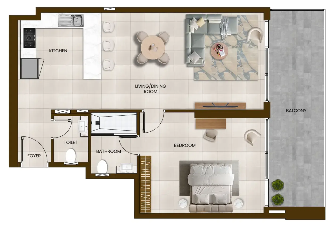 Butterfly Towers 1 bed floor plan, 958 sqft