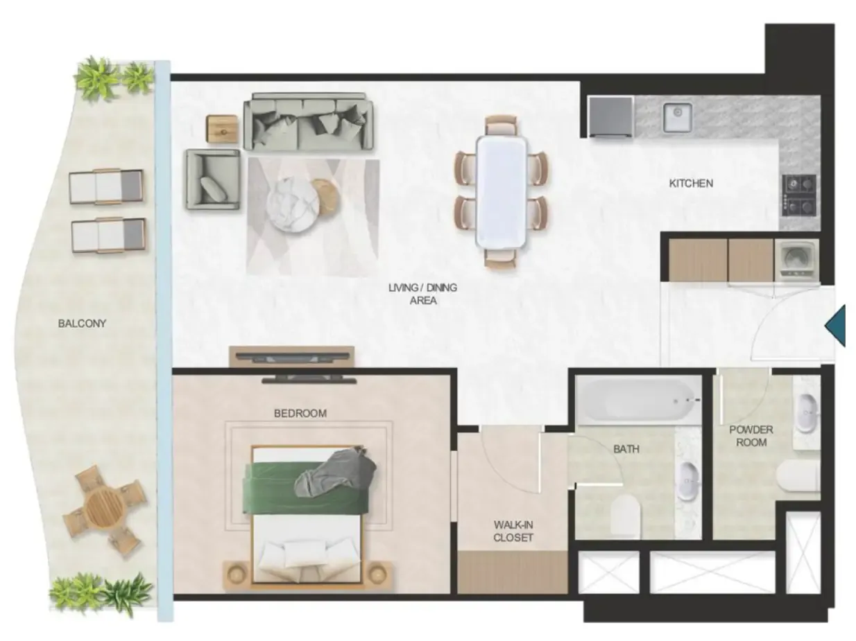 Oystra 1 bed floor plan, 970 sqft