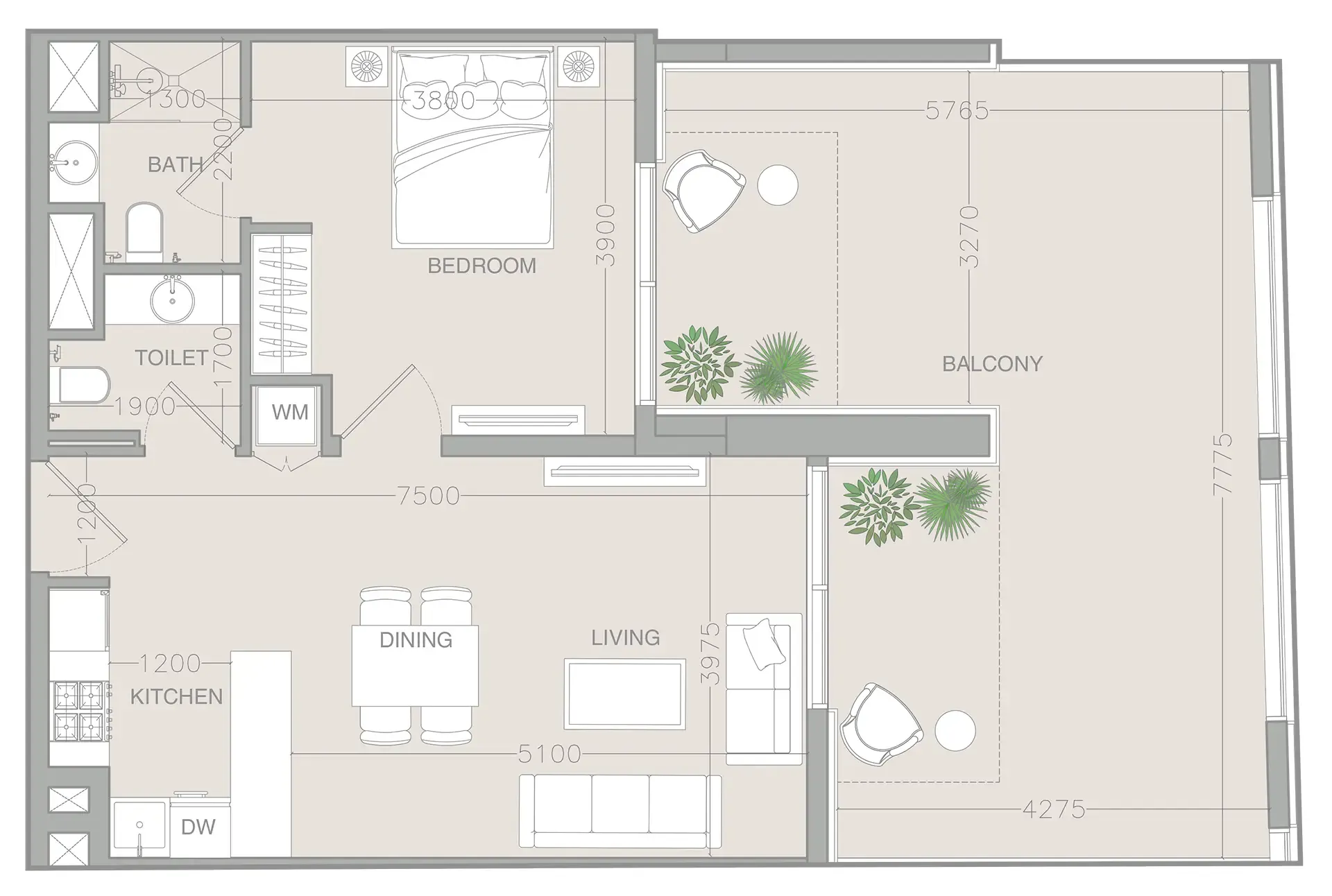 ELAR1S Rise 1 bed floor plan, 1,049 sqft