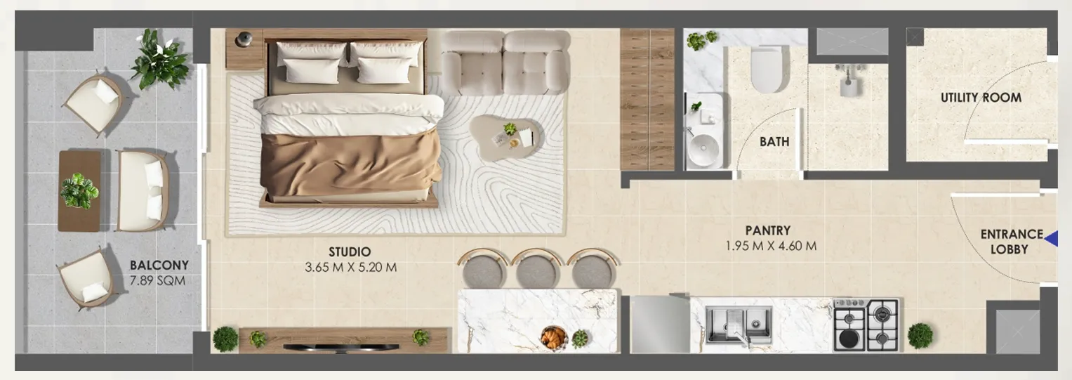 Vivida Residences Studio floor plan, 437 sqft