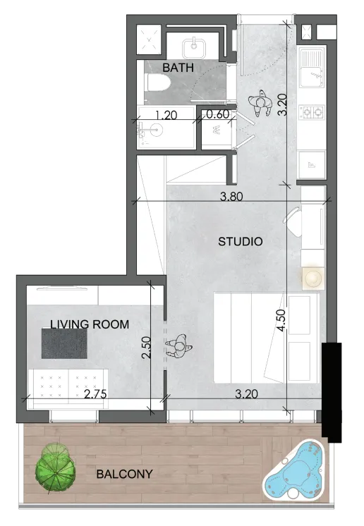 Saray Prime Residence Studio floor plan, 517 sqft