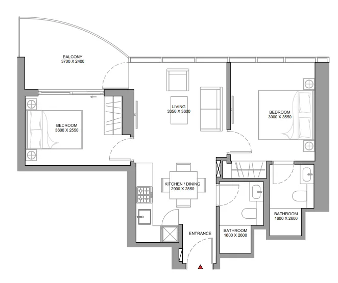 Sobha Aquamont 2 bed floor plan, 728 sqft