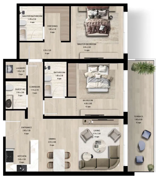 Manchester City Yas Residences by Ohana – Phase 1 2 bed floor plan, 1,313 – 1,485 sqft