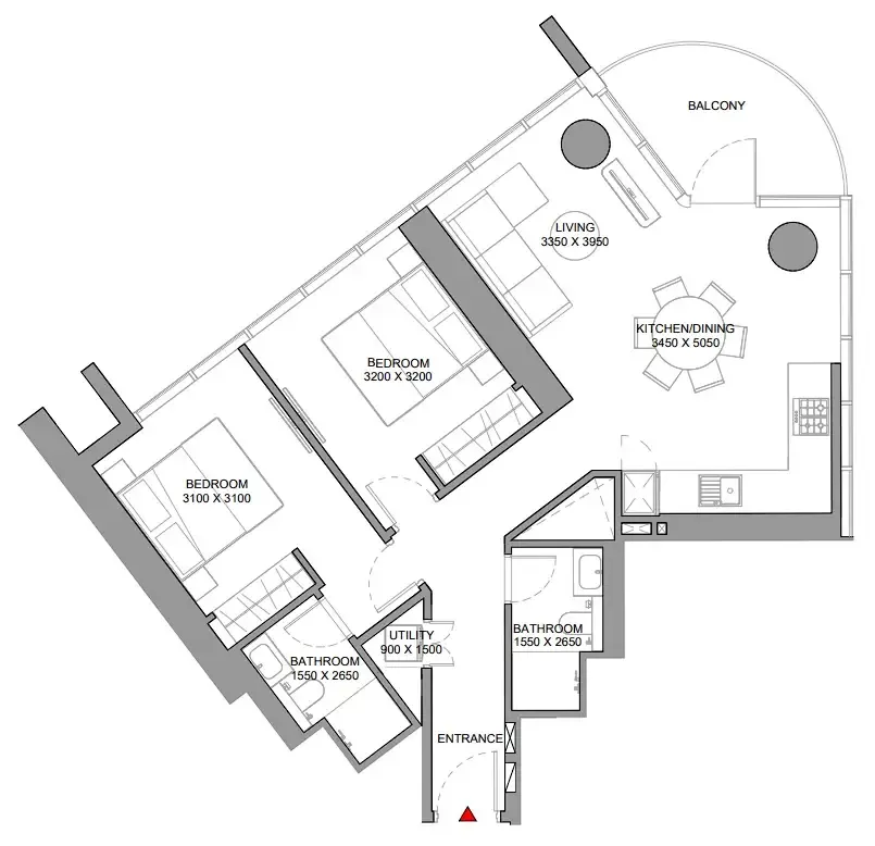 Sobha Orbis 2 bed floor plan, 989 sqft