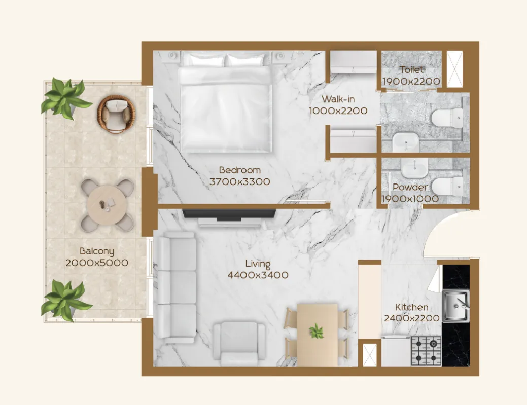 RR Residence 1 bed floor plan, 647 sqft