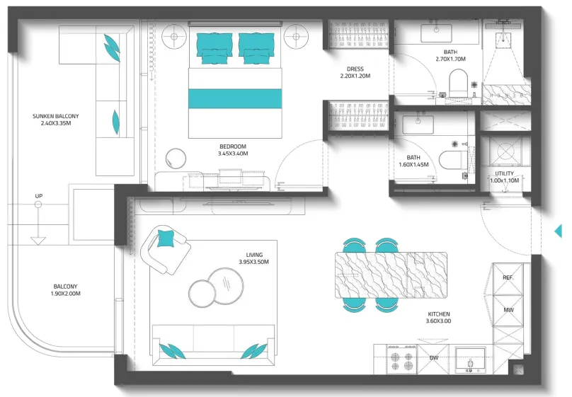 Reef 997 1 bed floor plan, 781 sqft