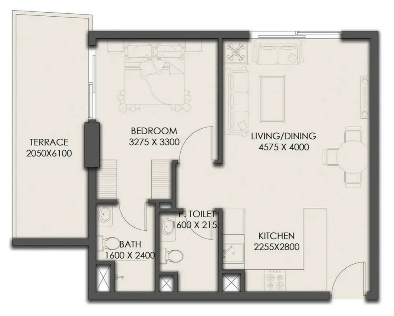 Park Residency 1 bed floor plan, 691 sqft